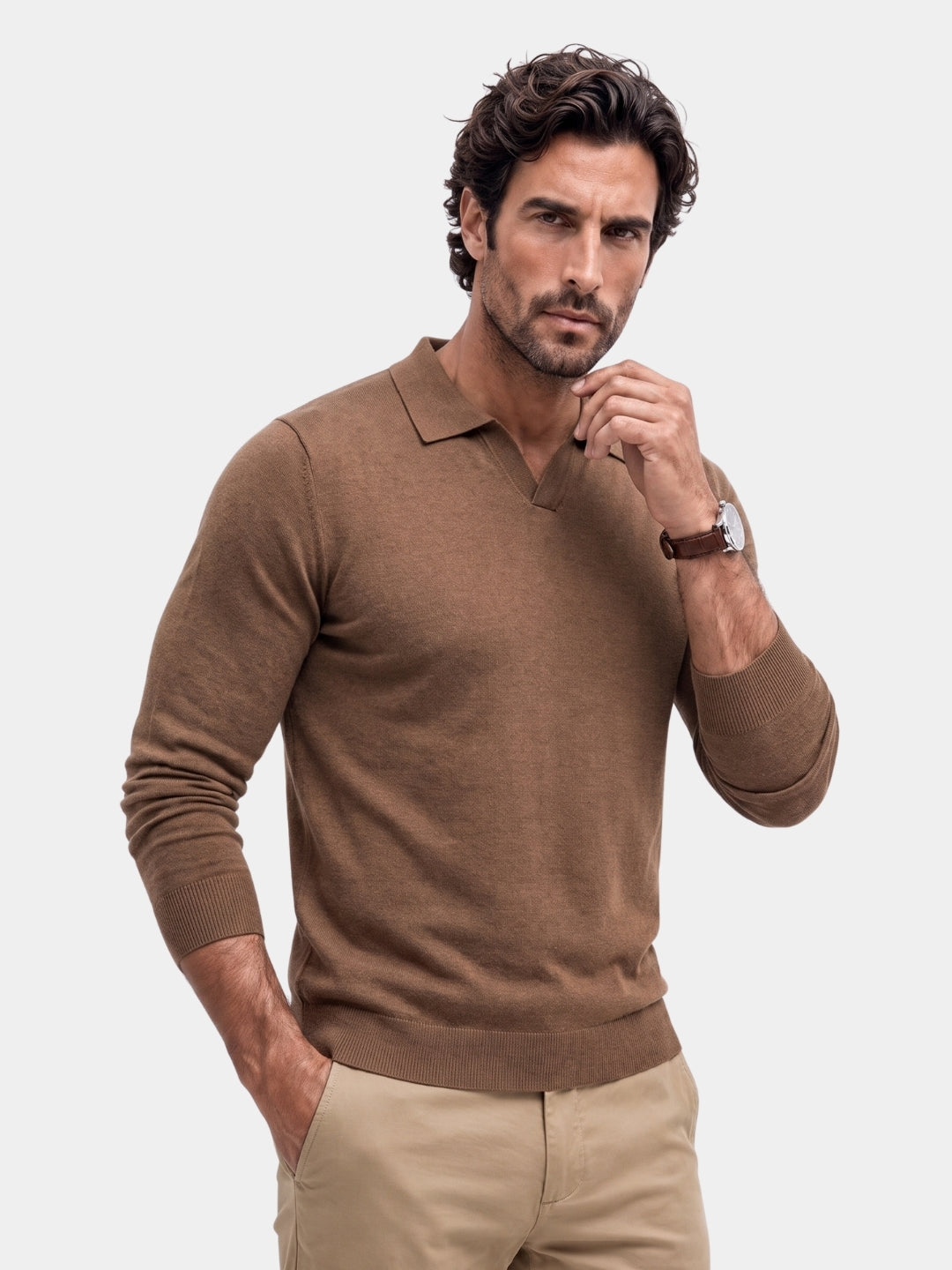 100% Wool Knit V Neck Turndown Polo Pullover -