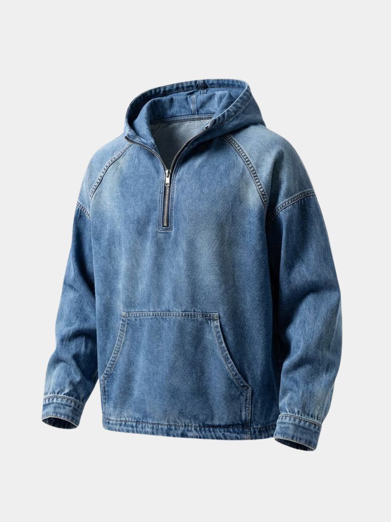 Artisan Denim Smock Quarter Zip Hooded Jacket -