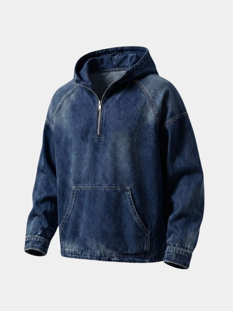 Artisan Denim Smock Quarter Zip Hooded Jacket -