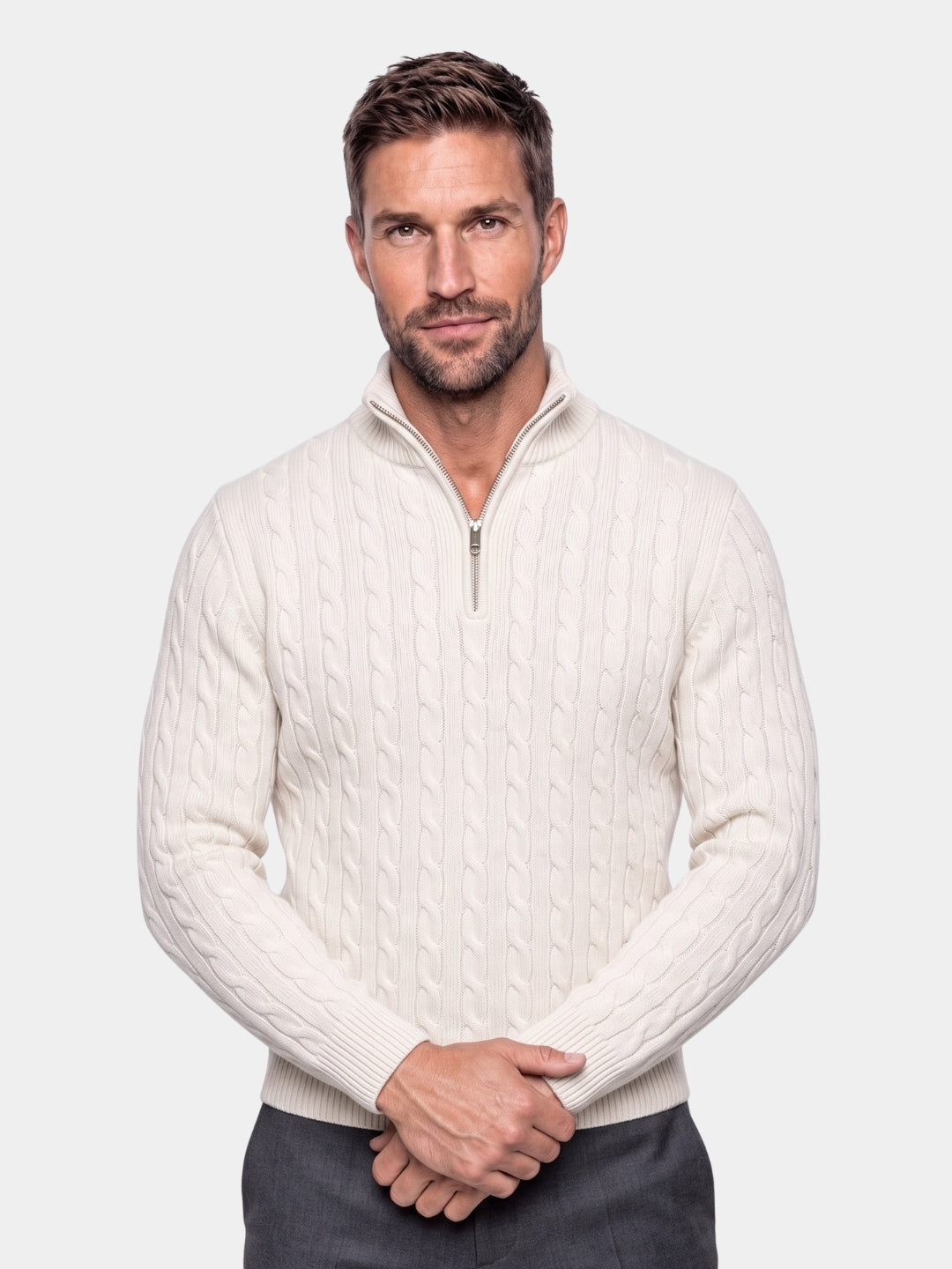 Premium Cable-Knit Zip Neck Sweater -