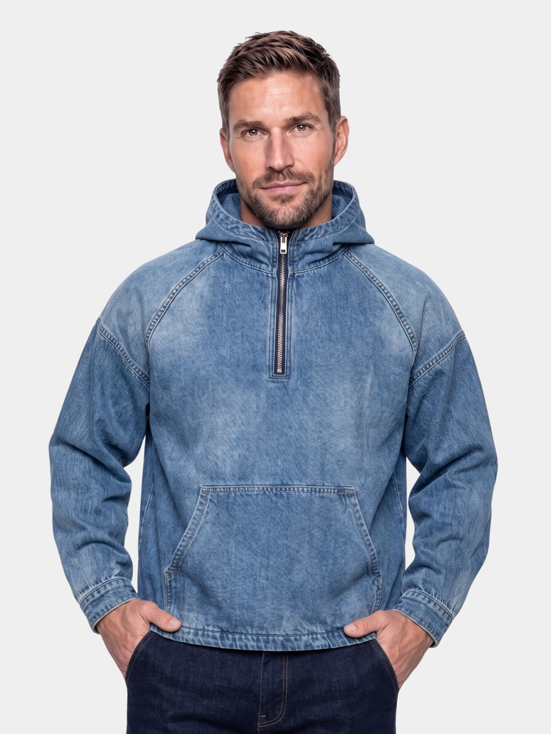 Artisan Denim Smock Quarter Zip Hooded Jacket -