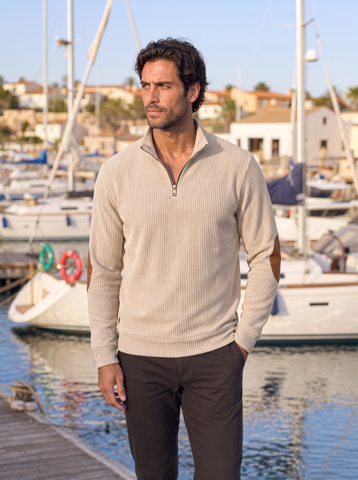 High Collar Quarter Zip Corduroy Pullover -