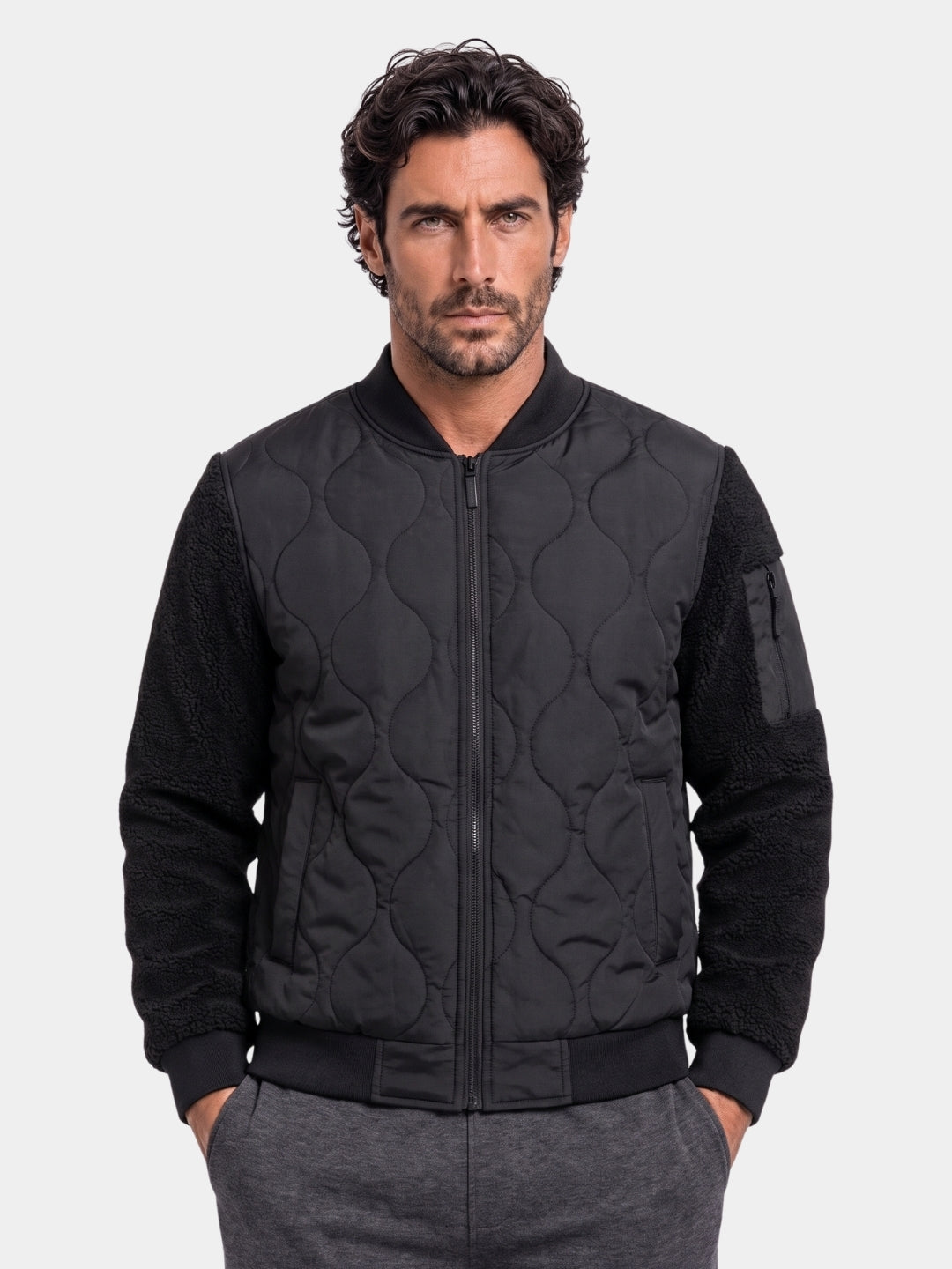 Sherpa Sleeves Padded Bomber Jacket -