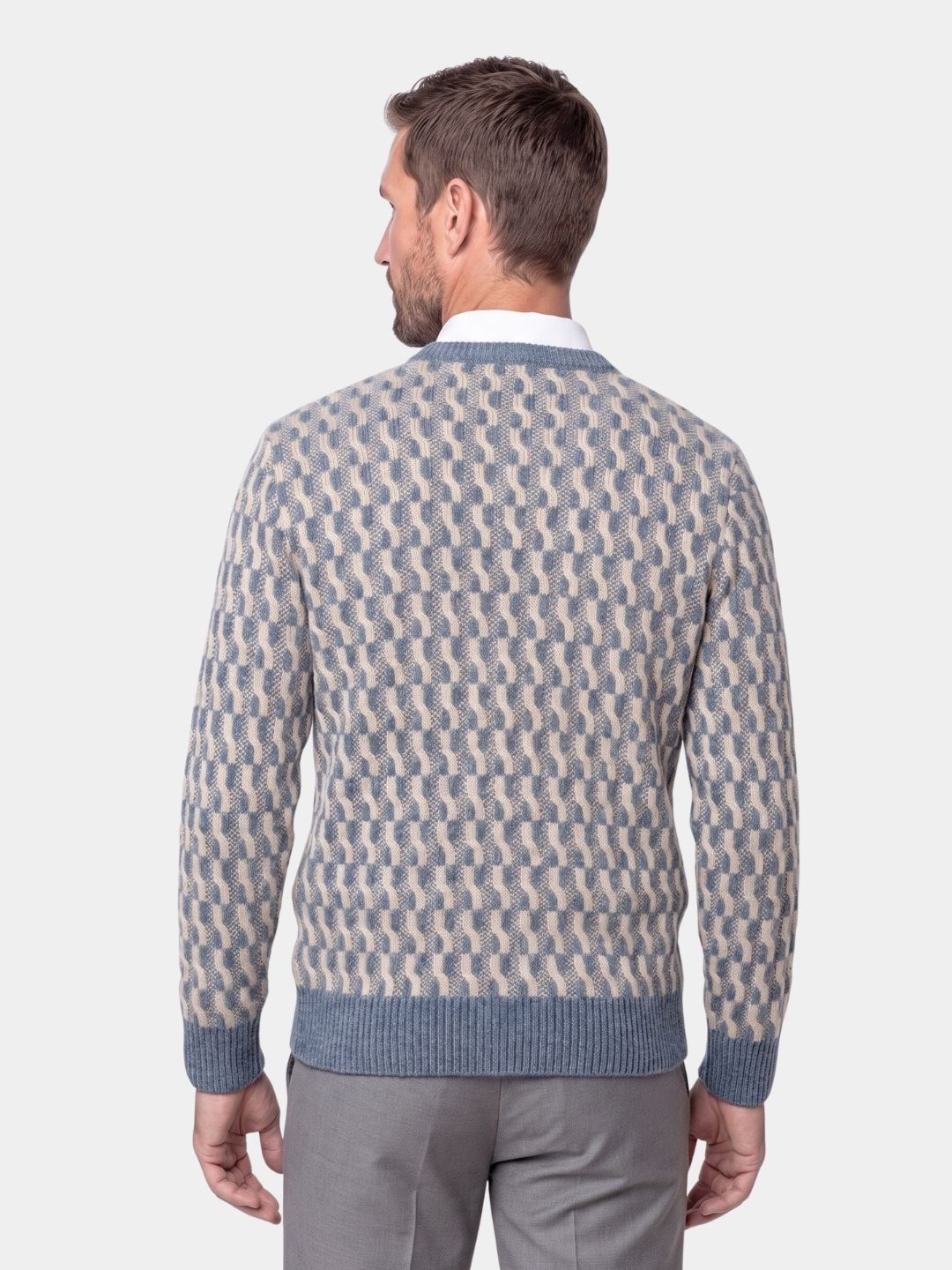 100% Wool Geometric Crew Neck Pullover Sweater Nikiam