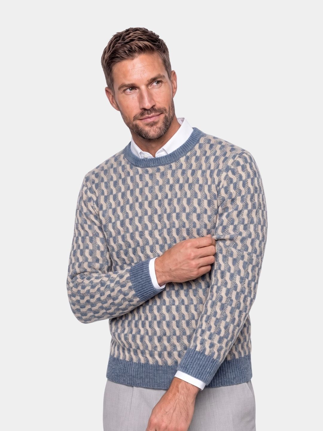 100% Wool Geometric Crew Neck Pullover Sweater Nikiam
