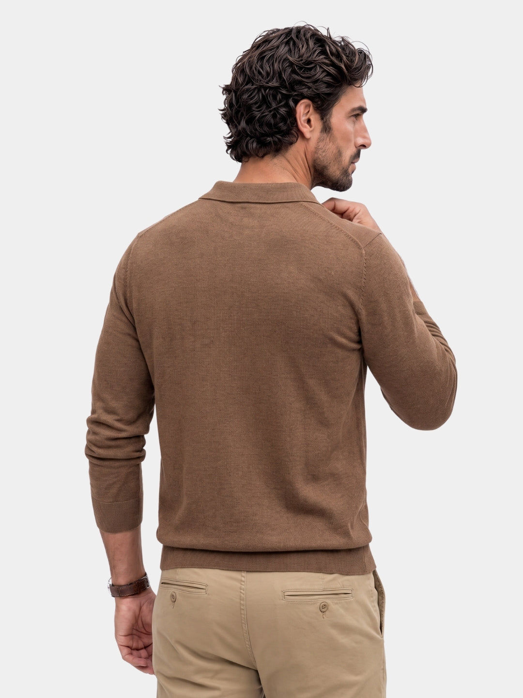 100% Wool Knit V Neck Turndown Polo Pullover -