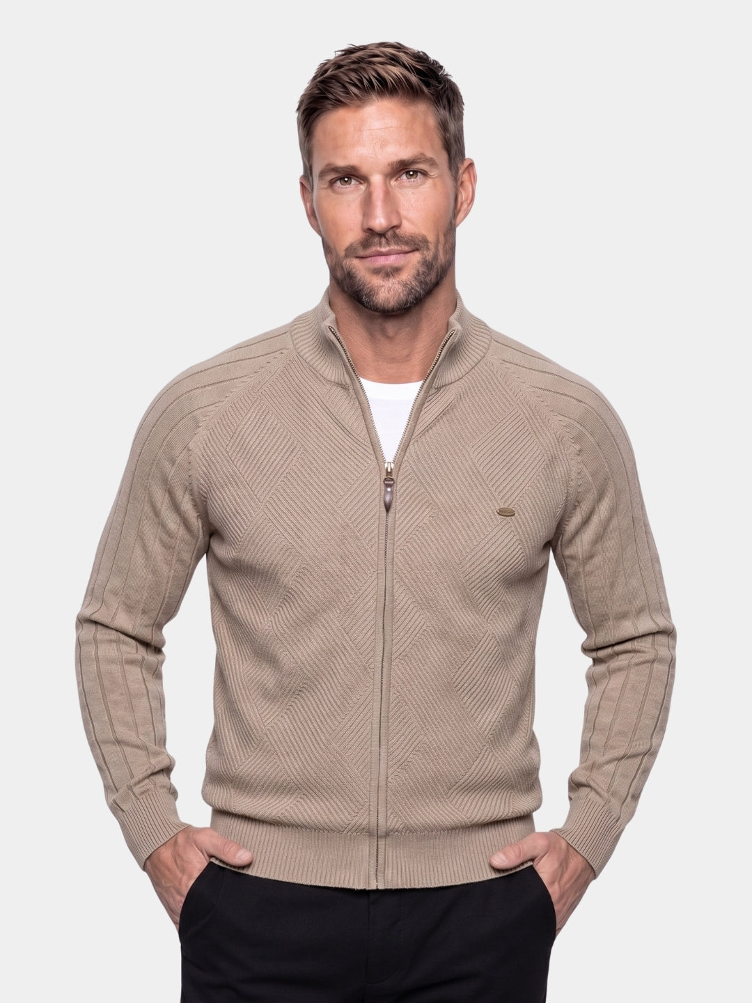 Knit Zipper Jacquard Solid Color Cardigan Sweater -