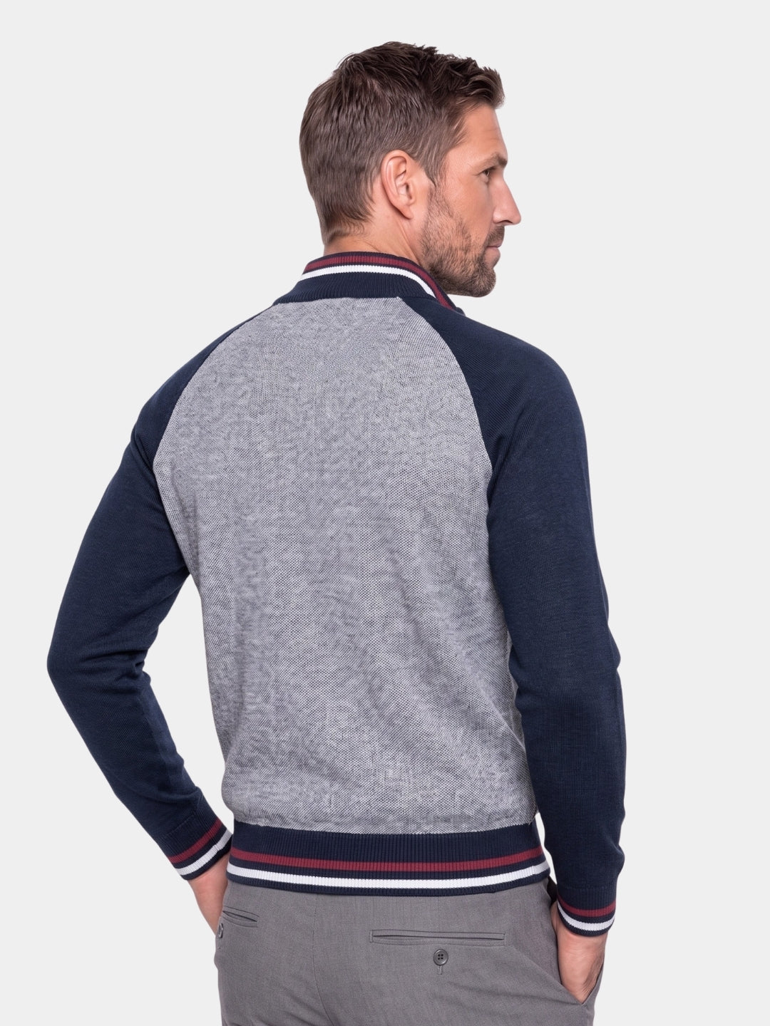 Zipper Color Block Standing Collar Cardigan Sweater