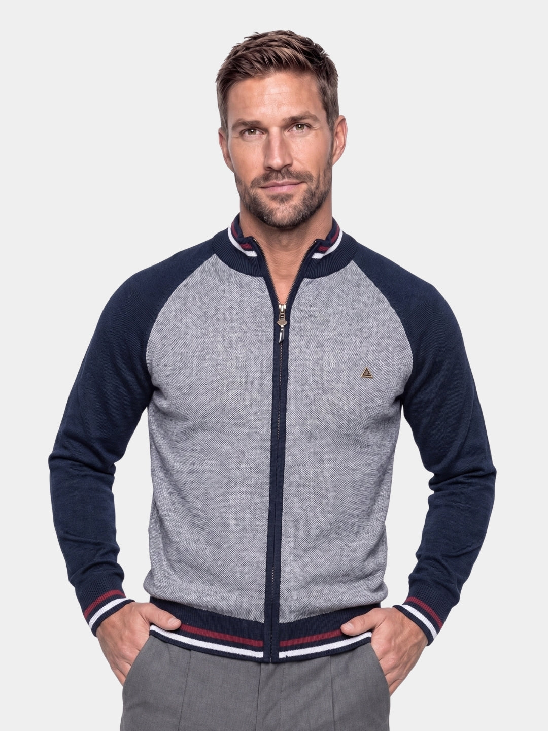 Zipper Color Block Standing Collar Cardigan Sweater