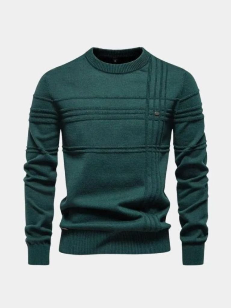 Cotton Knitted Stripped Crew Neck Pullover Sweater -