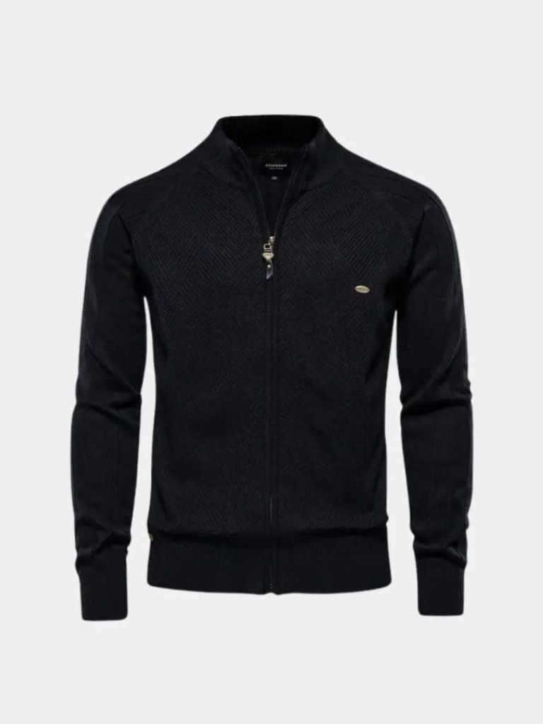 Knit Zipper Jacquard Solid Color Cardigan Sweater -