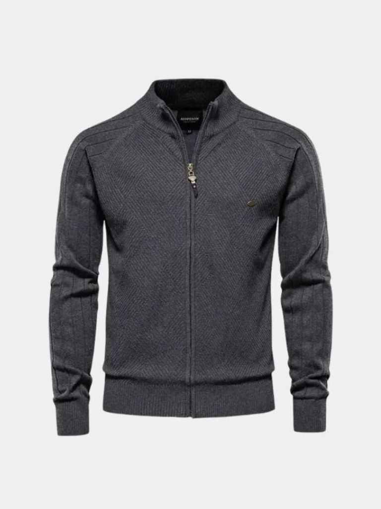 Knit Zipper Jacquard Solid Color Cardigan Sweater -
