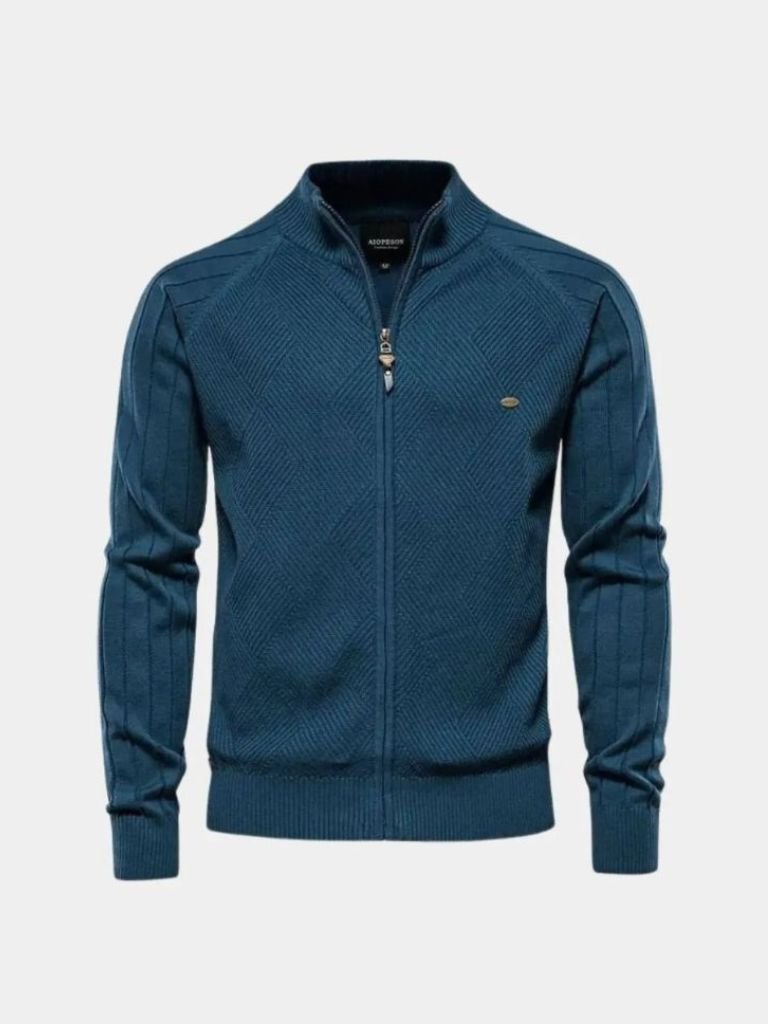 Knit Zipper Jacquard Solid Color Cardigan Sweater -