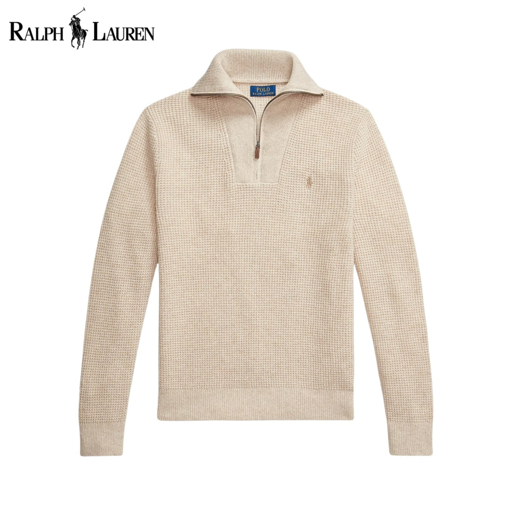RL Waffle-Knit Wool-Cotton Quarter-Zip Sweater Nikiam