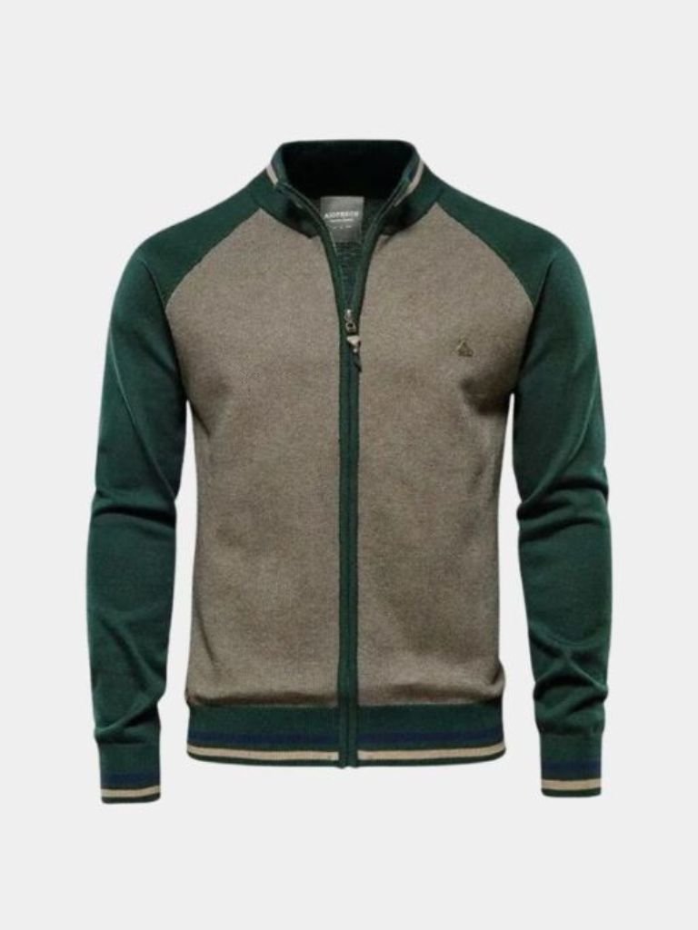 Zipper Color Block Standing Collar Cardigan Sweater